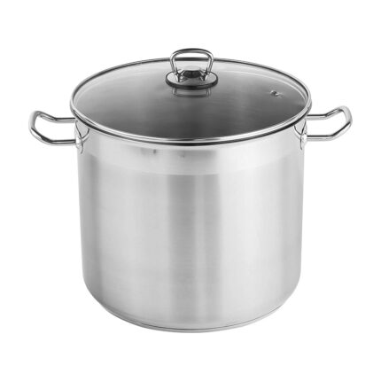 The stock pot is made of durable materials like stainless steel or aluminum and features sturdy handles and a tight-fitting lid.