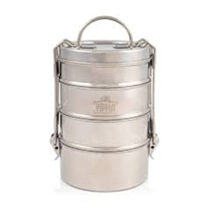 he tiffin is typically made of stainless steel or other durable materials and features a handle for easy carrying.