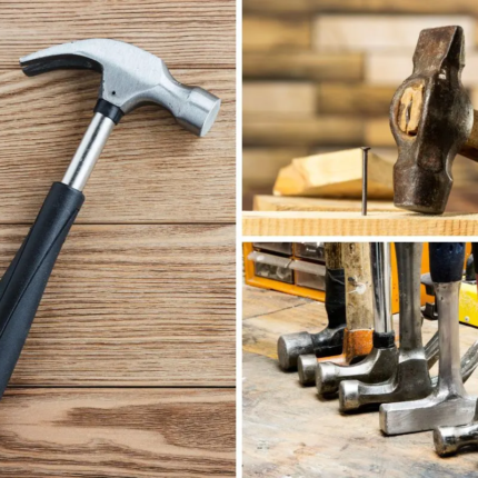 A collection of striking tools, including a hammer, mallet, and sledgehammer. Striking tools are hand-held tools used for driving, shaping, and breaking objects, such as nails, chisels, and stones. They come in different sizes and shapes and are commonly used in construction, woodworking, and metalworking.