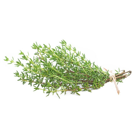 Sprigs of fresh thyme, a fragrant herb with small, green leaves and woody stems, commonly used in cooking to add flavor to a variety of dishes, such as soups, stews, and sauces.