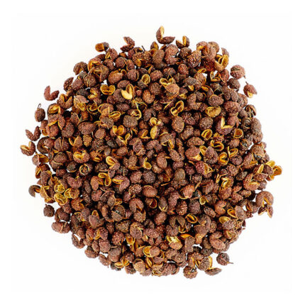 A pile of Timut peppercorns, a spice native to Nepal, known for its unique and pungent flavor, which is described as citrusy, zesty, and slightly floral. The peppercorns are small, round, and reddish-brown in color.