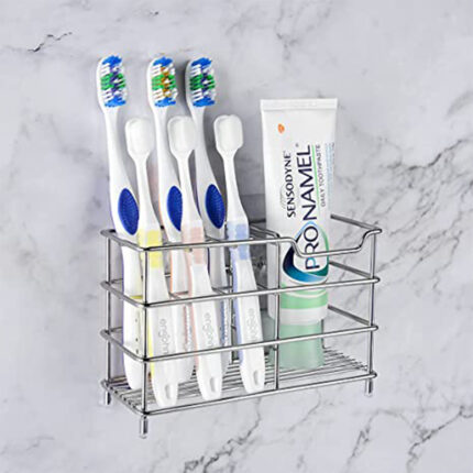 The holder is made of plastic or ceramic and features multiple slots or compartments to accommodate toothbrushes. It may have a stand or wall-mounted design, with the toothbrushes placed upright or suspended in the holder.