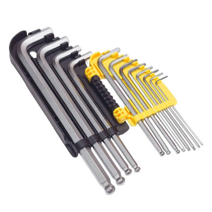 The Torx keys come in different sizes and shapes and are used to tighten or loosen Torx screws or bolts. The keys are made of metal and arranged in a neat row on a workbench.