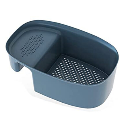 he colander is made of durable material, such as stainless steel or plastic, and features a perforated surface with small holes or slots.