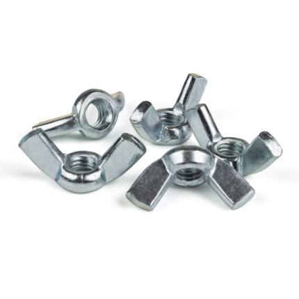 The nut is made of metal with a silver or gray finish, and has a threaded interior that allows it to be screwed onto a bolt or threaded rod. The wings of the nut are designed to provide a secure grip and make it easy to tighten or loosen by hand, without the need for tools.