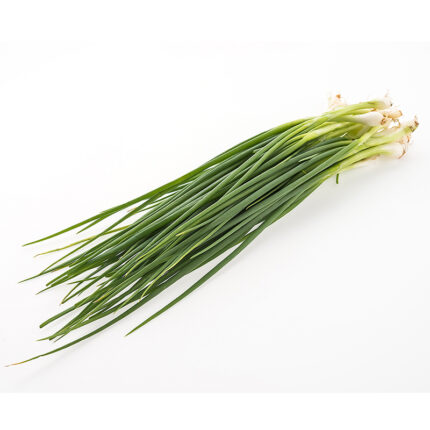 The chives are arranged in a tight cluster, with thin, hollow stems and small, round leaves at the top. Chives are commonly used as a garnish or seasoning in various dishes, including soups, salads, and sauces.