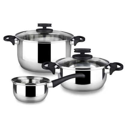 The cookware set usually includes pots, pans, and sometimes additional items like lids, skillets, and cooking utensils.