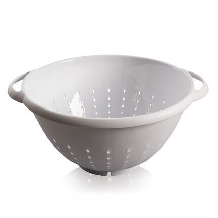 The colander is made of stainless steel and has small holes all over the surface to allow water to drain out. It is designed in the shape of a traditional colander, with handles on the sides for easy lifting and carrying.