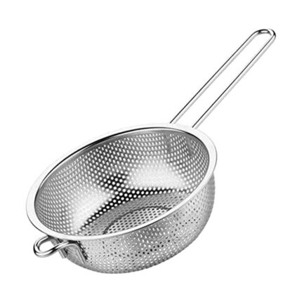 The colander has a deep bowl-shaped structure with small holes all over the surface to allow water or liquid to drain out while retaining the food inside. It features a long handle that provides a comfortable grip and makes it easy to maneuver the colander while straining.