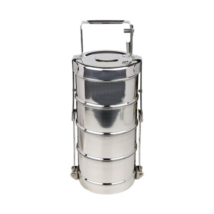 It consists of multiple cylindrical compartments, typically made of stainless steel, stacked on top of each other and held together with a handle.