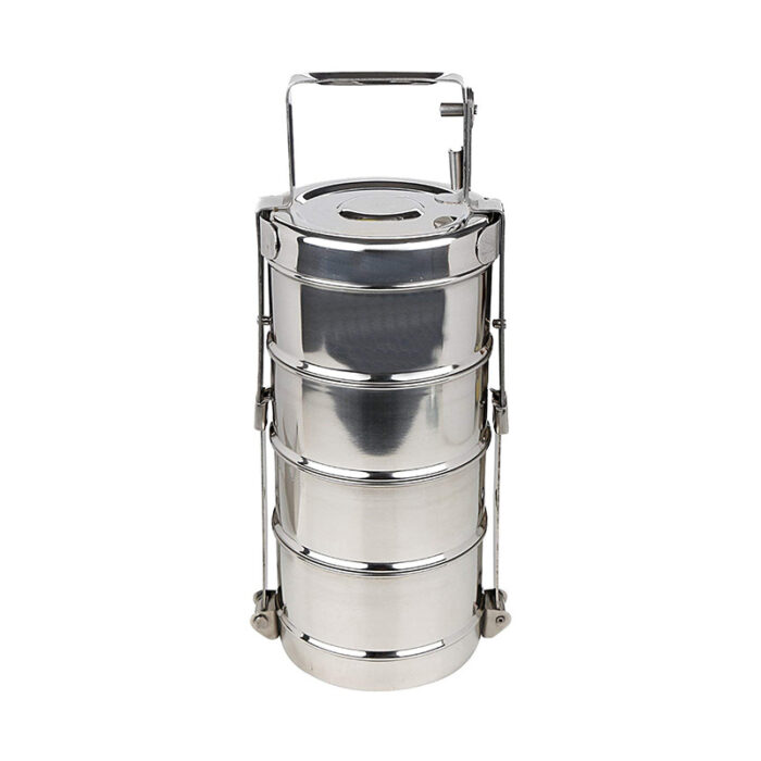 It Consists Of Multiple Cylindrical Compartments, Typically Made Of Stainless Steel, Stacked On Top Of Each Other And Held Together With A Handle.