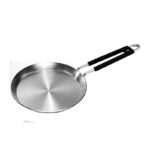 It features a shallow, curved shape with sloping sides, allowing for easy flipping and sliding of the omelette during cooking.