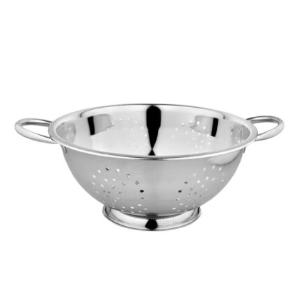 The colander is made of stainless steel or plastic and features a bowl-like shape with small holes or perforations throughout its surface.