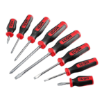 A hand-held tool with a handle and a metal shaft with a flat or Phillips head used for tightening or loosening screws. Screwdrivers come in different sizes and shapes, including flathead, Phillips, and Torx, and are commonly used in woodworking, automotive repair, and other applications that require precision turning of screws.