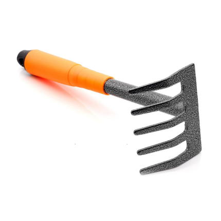 A garden tool called the Baby Rake with six teeth, designed for light-duty raking tasks in small areas or containers.