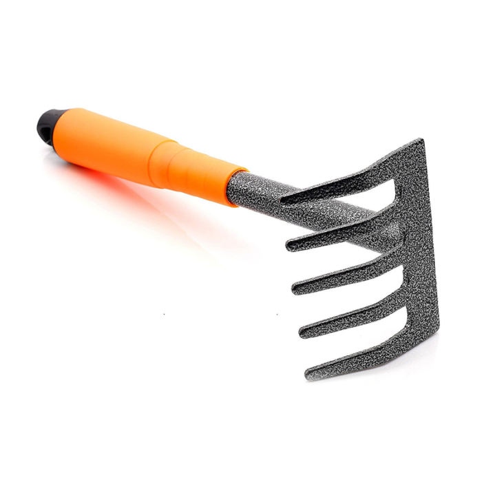 A Garden Tool Called The Baby Rake With Six Teeth, Designed For Light-Duty Raking Tasks In Small Areas Or Containers.