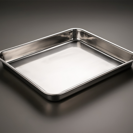 A rectangular metal tray used for baking various types of foods, such as cookies, pastries, or sheet cakes.