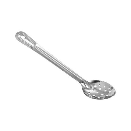 A stainless steel basting spoon with a long handle, ideal for coating meats and other dishes with flavorful sauces or drippings.