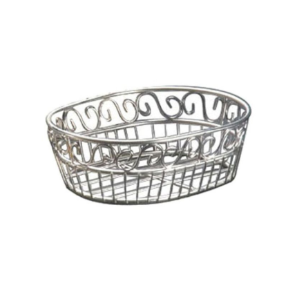 A woven or decorative container used for holding and serving bread, rolls, or other baked goods.