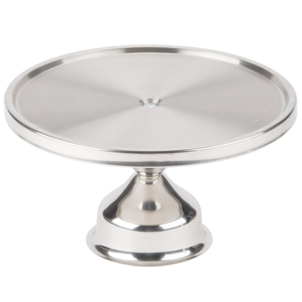 The cake stand is typically made of materials such as glass, porcelain, or metal, and features a flat or slightly elevated surface on which the cake is placed.