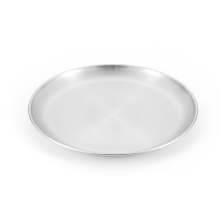 The camping plate is typically made of sturdy materials like stainless steel or melamine, offering resistance to breakage and easy cleanup. It often features a compact and stackable design, allowing for easy packing and transportation.