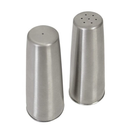 Set of conical salt and pepper shakers with sleek design and adjustable dispensing lids.