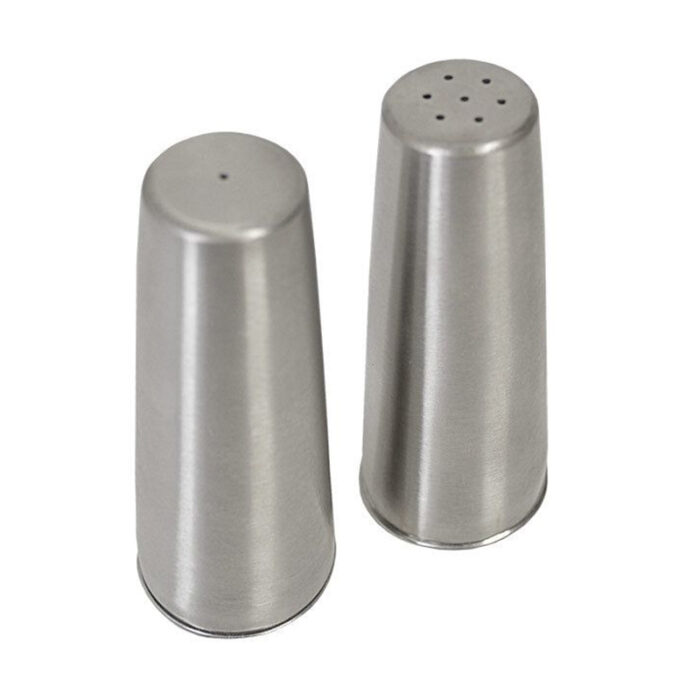 Set Of Conical Salt And Pepper Shakers With Sleek Design And Adjustable Dispensing Lids.