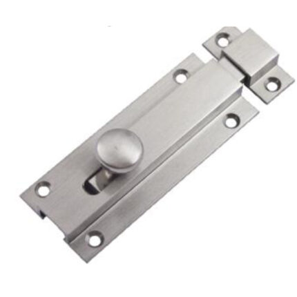 A robust and durable square-shaped baby latch designed to securely lock doors and cabinets.