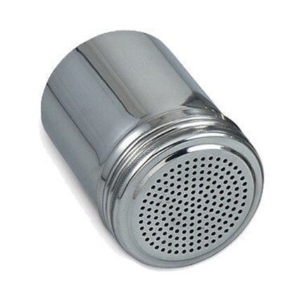 Stainless steel dredger with small holes and handle for evenly sprinkling flour, sugar, or spices."