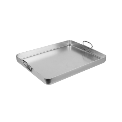 A basic and affordable roasting tray made of durable materials such as aluminum or stainless steel, ideal for roasting meats, vegetables, and other dishes in the oven.