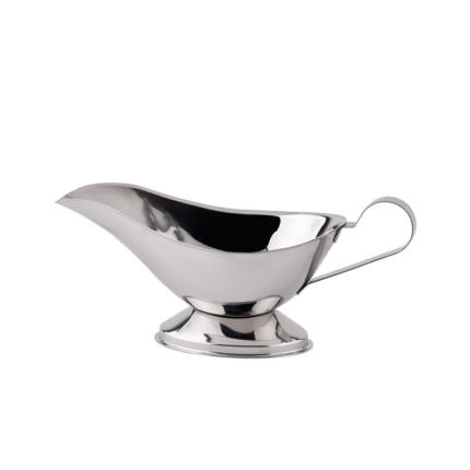 The gravy boat typically features a long, narrow spout and a handle for easy pouring and control.