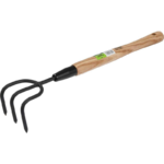 A hand cultivator with a PVC grip, featuring three sturdy prongs designed for cultivating soil and removing weeds.