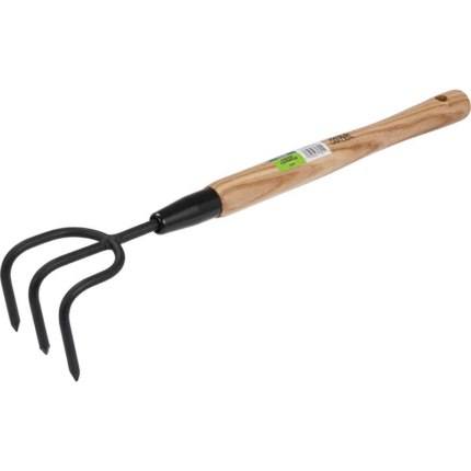 A hand cultivator with a PVC grip, featuring three sturdy prongs designed for cultivating soil and removing weeds.