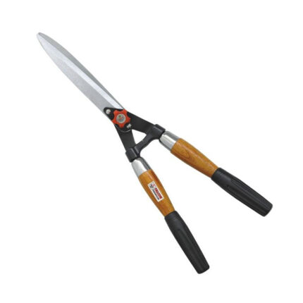 A high-quality hedge shear with wooden handles, designed for precise and efficient trimming of hedges and bushes.