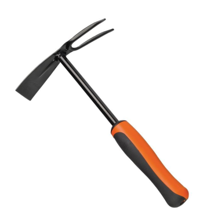 A hoe fork with two prongs, ideal for loosening soil, aerating, and weeding in the garden.