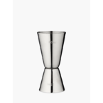 A small measuring tool used in bartending for precise and accurate measurement of liquid ingredients, typically featuring two different-sized cups or cones attached together, allowing for easy and convenient measurement of spirits and other cocktail ingredients.