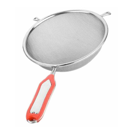 Fine mesh juice strainer with a handle for separating pulp and seeds from freshly squeezed juices