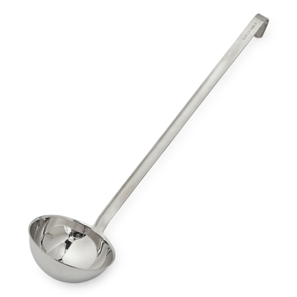 A ladle kitchen utensil with a long handle and a deep, rounded bowl-shaped scoop at the end, used for serving and portioning liquids such as soups, stews, and sauces.