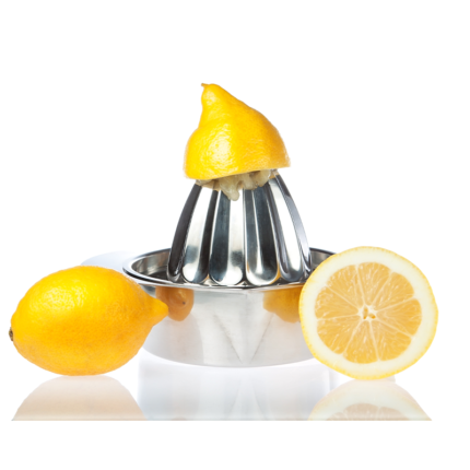 Handheld kitchen tool used for extracting juice from lemons or other citrus fruits. It typically consists of two hinged handles with bowl-shaped, ridged or textured surfaces at the ends.