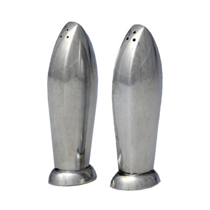 Set of sleek salt and pepper shakers with a lip-shaped design and adjustable dispensing lids.