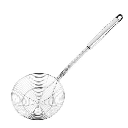 Long stainless steel strainer with a handle and fine mesh for efficient draining and straining of liquids or foods