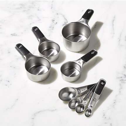 Measuring cups typically come in various sizes, such as 1 cup, ½ cup, ¼ cup, and so on.