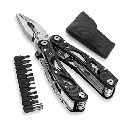 It typically includes a folding multi-tool with multiple functionalities, such as a knife blade, pliers, saw, screwdriver, can opener, and more.