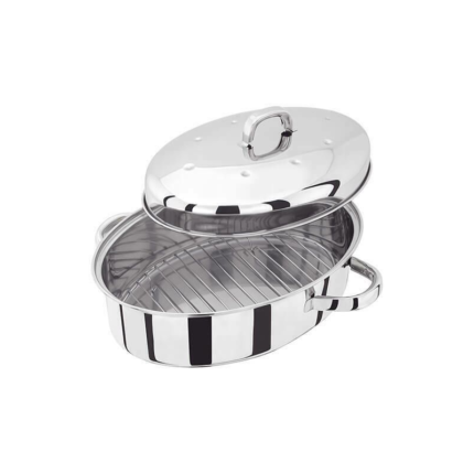 An oval-shaped roasting pan with a built-in grill rack, perfect for roasting meats, vegetables, and more.