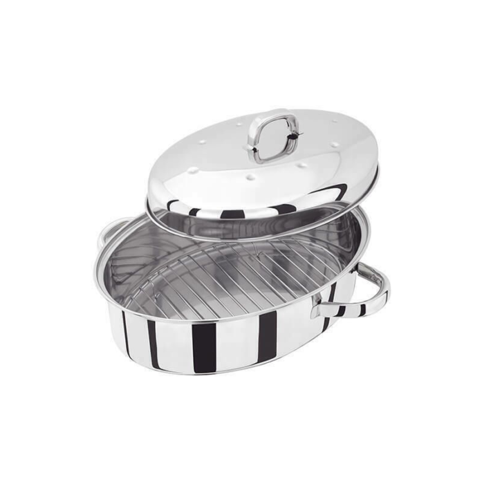 An Oval-Shaped Roasting Pan With A Built-In Grill Rack, Perfect For Roasting Meats, Vegetables, And More.