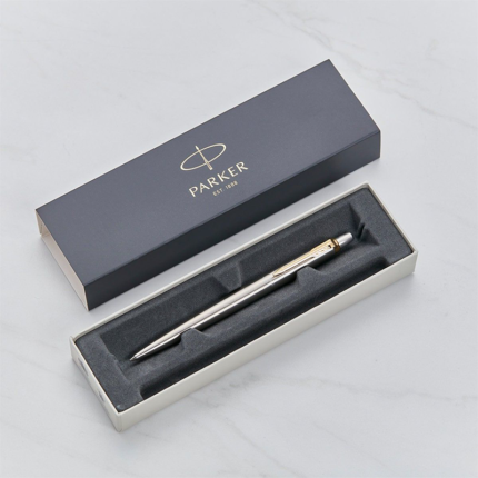 A stylish ball pen from Parker Jotter collection featuring gold trim, customizable with personalized engravings.