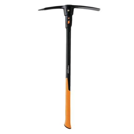 A heavy-duty hand tool with a pointed tip on one end and a flat chisel-like blade on the other, used for digging, breaking up hard soil, and removing rocks or debris in construction, gardening, and mining.