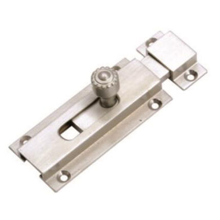 A small latch designed for securing cabinets, drawers, or other furniture items. It features a square shape and is typically used to keep doors and drawers securely closed.