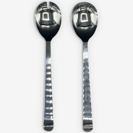 . The utensils have long handles for easy handling and are often made of wood, stainless steel, or other materials. They feature wide, shallow bowls or prongs to efficiently scoop and mix salad ingredients.