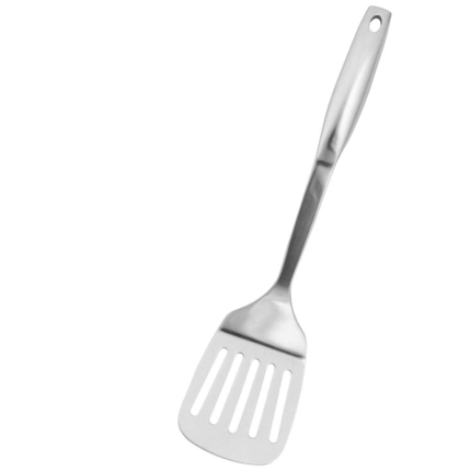 A slotted turner kitchen utensil with a long handle and a flat, rectangular head featuring slots or holes, ideal for flipping and lifting foods such as pancakes, burgers, and fish fillets.